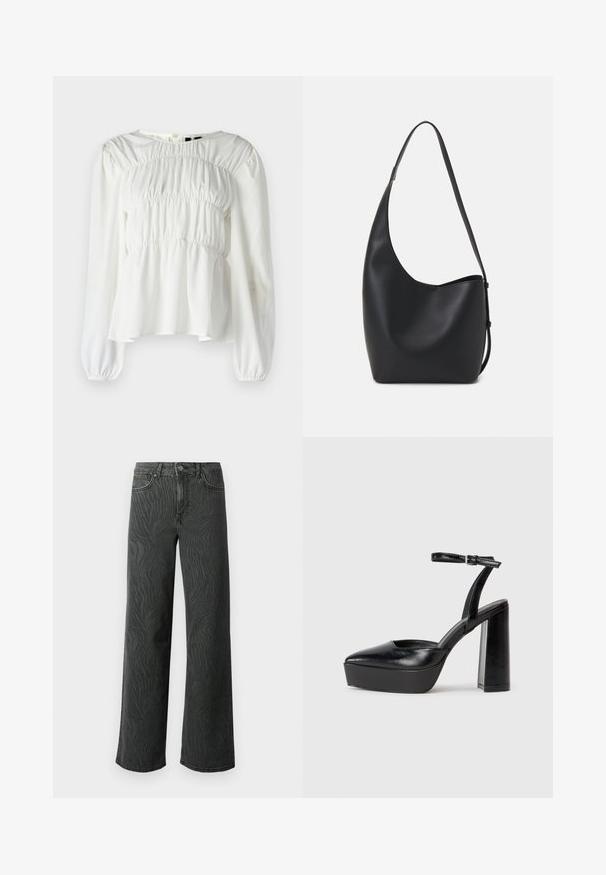 Balta blūze ar apaļu kakla izgriezumu, garām piedurknēm un savērptu struktūru pie krūts. Iekļauj pūkainas piedurknes un plūstošu apakšmalu.; Plaša kāju džinsi tumši pelēkā denimā, ar vieglu zebra rakstu tekstūru, kontrastējošām šuvēm un piecu kabatu dizainu ar pogu aizdari.; Melnas platformas papēžs ar norādītu purngala formu un regulējamu potītes siksniņu. Izgatavotas no gludas ādas, ar masīvu bloku papēdi.; Melnas ādas hobo soma ar gludu tekstūru, izliekta forma un vienu regulējamu jostu; augšā ir plaša atvere.