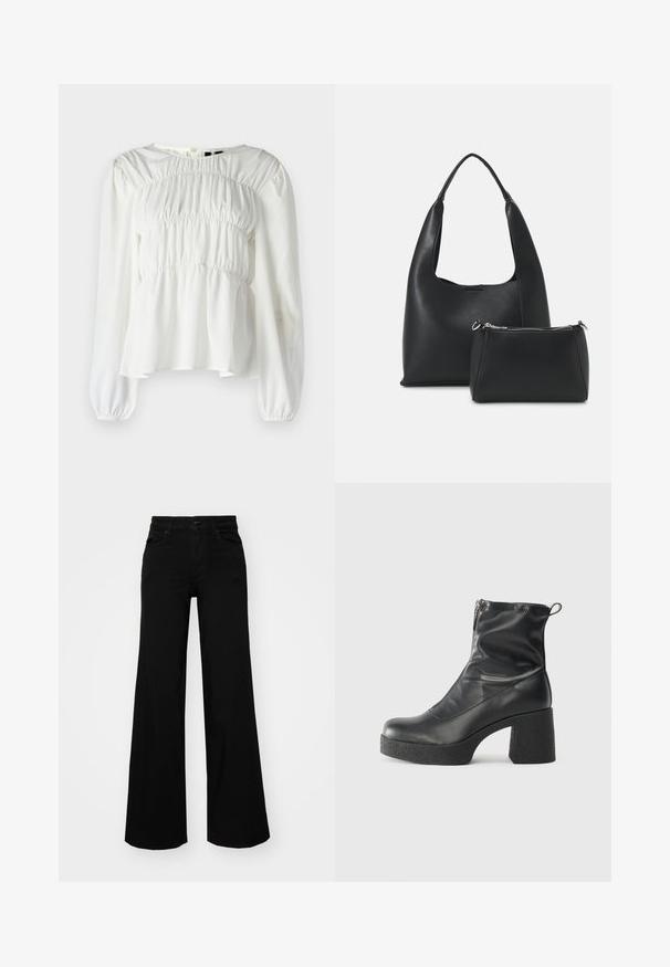 Weiße Bluse mit Rundhalsausschnitt, langen Ärmeln und geraffter Textur am Oberteil. Sie hat Puffärmel und einen fließenden Saum.; Schwarze weit geschnittene Hose aus Denim, mit einem strukturierten Bund, Gürtelschlaufen und Fronttaschen. Glatte Textur mit klassischem Design.; Schwarze Stiefeletten aus glattem Leder mit seitlichem Reißverschluss, klobigem strukturiertem Absatz und runder Zehenform.; Even&Odd Handtasche - black