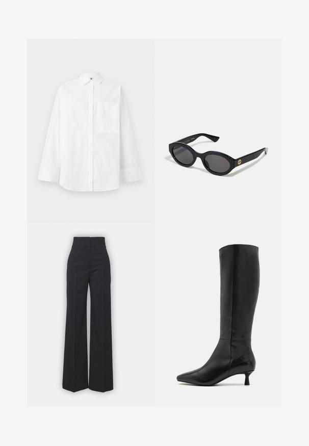 Biała koszula zapinana na guziki wykonana z bawełny. Posiada długie rękawy, kołnierzyk oraz jedną kieszeń na piersi. Gładka tekstura, klasyczny design.; Gładka, biała, długosleeve koszula, okrągły dekolt, pokazana od tyłu, leżąca na białym tle.; Szerokie spodnie w czarnym materiale z wysokim stanem, charakteryzujące się czystym wykończeniem i gładką teksturą. Brak widocznych elementów metalowych i wzorów.; Zign - Kozaki; Czarne okulary przeciwsłoneczne w owalnym kształcie z ciemnymi szkłami i błyszczącą plastikową oprawką. Posiadają złote logo na zausznniku, co nadaje im elegancki i nowoczesny wygląd.