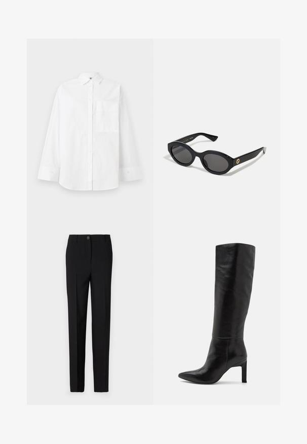 Camicia bianca con bottoni realizzata in cotone. Presenta maniche lunghe, colletto e una tasca sul petto. Tessuto liscio, design classico.; Pantaloni neri su misura con un design a gamba dritta, dotati di chiusura a bottone e passanti per la cintura, realizzati in tessuto liscio.; Stivali in pelle nera alti fino al ginocchio con punta affusolata e texture liscia. Il tacco è di tipo blocco, aggiungendo stabilità al design.; Occhiali da sole neri a forma ovale con lenti scure e montatura in plastica lucida. Presentano un logo dorato sulla stanghetta, offrendo un design elegante e moderno.; Borsa a tracolla blu con motivo, realizzata in tessuto, caratterizzata da una forma curva, una tracolla in pelle nera e un logo in una tonalità più chiara.