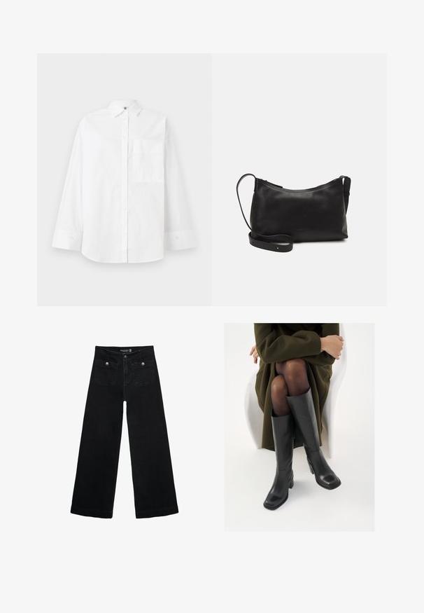 Valkoinen napillinen paita, joka on valmistettu puuvillasta. Saattaa olla pitkät hihat, kauluksellinen kaula ja yksi rintatasku. Sileä tekstuuri, klassinen muotoilu.; Mustat leveälahkeiset farkut korkean vyötärön kanssa, joissa on kaksi etutaskua ja metalliset nappikoristeet. Kangas on sileä.; Polvisuoja mustat nahastossud, millel on ruudukujuline varvas ja plokk-kints, on esitatud mudeli seljas, kes istub oliivrohelises mantlis. Sile tekstuur, minimaalne detailitus.; Musta nahkainen olkalaukku, jossa on sileä pinta, kaareva muoto, säädettävä hihna ja vetoketjukiinnitys. Minimalistinen muotoilu ilman koristeita.