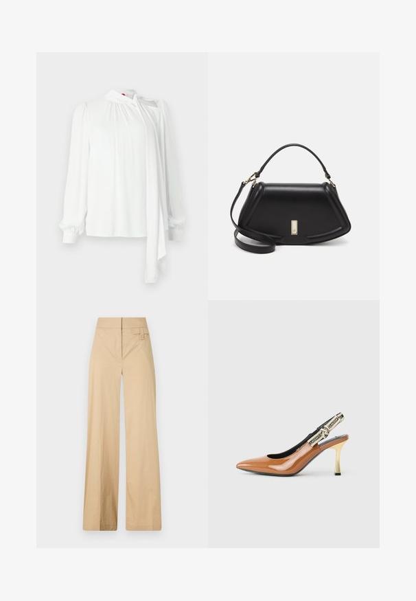 Balta blūze ar garām piedurknēm, plīvuru audums plecos, augsts apkaklīte ar sasienamu detaļu, gluda tekstūra un elastīgas aproces.; Beige platajuma bikses, kas izgatavotas no kokvilnas maisījuma auduma. Tām ir gluda tekstūra, elastīga josta un sānu pogu detaļa.; Brūns laku puķu kurpes ar atvērto papēdi, smails purns, plāns zelta papēdis, melna iekšpuse, auduma siksna ar logotipa detaļām aizmugurē.; Melnas ādas roku soma ar struktūru, ar īsu formu, augšējo rokturi un zelta aksesuāriem. Iekļauta regulējama plecu siksna.