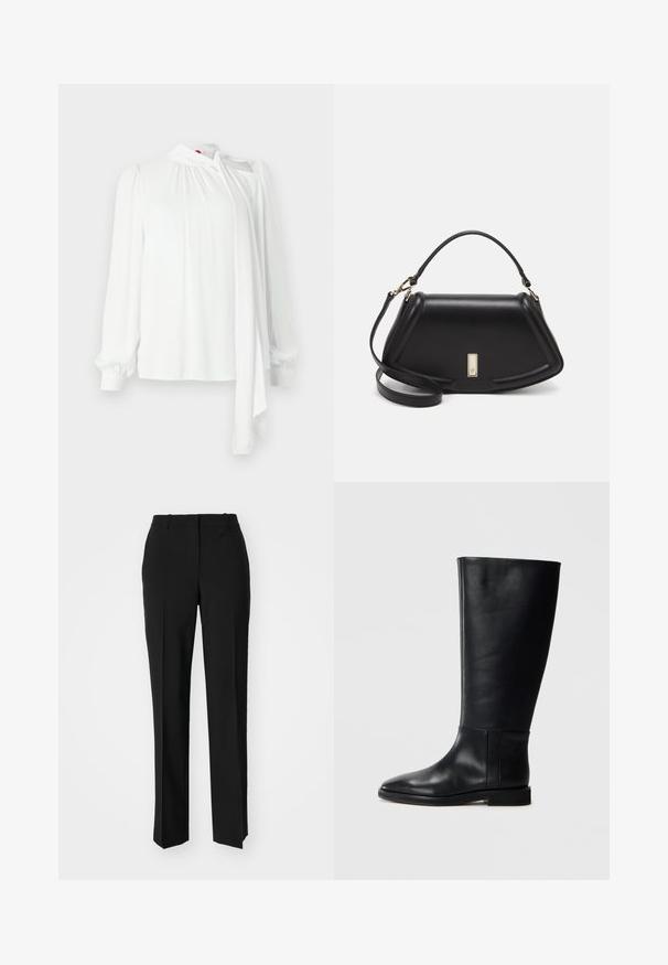 White blouse with long sleeves, pleated fabric at shoulders, high neck with tie detail, smooth texture, and elastic cuffs.; Black tailored trousers with a straight-leg design, featuring a smooth texture and crisp creases along the front. No visible hardware.; Black leather knee-high boot with a rounded toe, smooth texture, minimalistic design, and a flat sole. Simple seam details on the shaft.; Black leather handbag with a structured design, featuring a cropped shape, top handle, and gold hardware accent. Adjustable shoulder strap included.