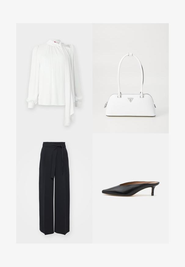 White blouse with long sleeves, pleated fabric at shoulders, high neck with tie detail, smooth texture, and elastic cuffs.; Wide-leg black trousers made of soft fabric. Features a belted waistband and front pleats. Smooth texture with a clean, contemporary design.; Black leather mules with a pointed toe and low, block heel. Smooth texture with a sleek design. Open back with minimal detailing.; White leather handbag with a curved shape, featuring a silver triangular logo and zipper closure. Smooth texture and dual handles.