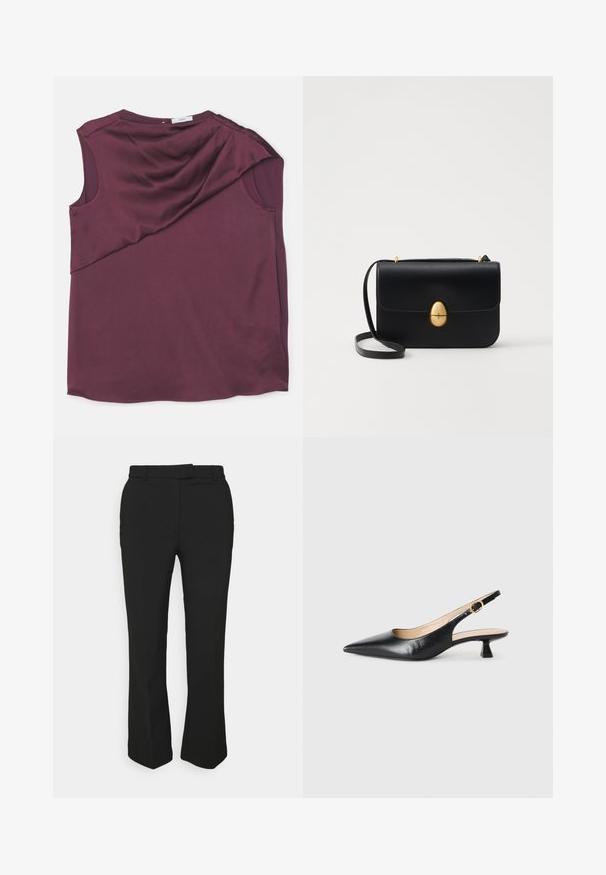 Burgundská bezramínková blůza vyrobená z hladkého materiálu s drapérií, s asymetrickým střihem a zaobleným výstřihem.; Černé kalhoty na míru se střihovým designem rovného nohavice, mají poutka na opasek a boční kapsy. Vyrobené z hladké tkaniny s čistým zakončením.; Černé kožené lodičky na malém podpatku s špičatou špičkou a zlatou sponou na bočním pásku, na bílém pozadí.; Černá kožená kabelka se strukturovaným obdélníkovým tvarem. Obsahuje zlatou oválnou sponu a tenký ramenní popruh. Hladký povrch.