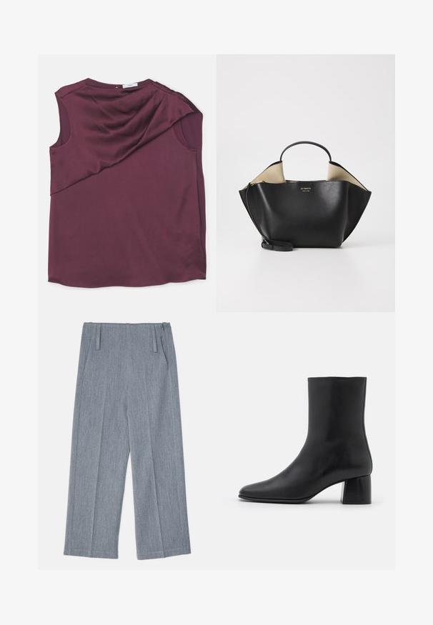 Burgundy, ujj nélküli felső, sima anyagból, drapírozott kialakítással, aszimmetrikus szabással és kerek nyakkivágással.; Világosszürke, bőszárú nadrág, texturált anyagból készült, két elülső redővel és két oldalsó zsebbel. Letisztult, igényes dizájn.; Fekete bőr bokacsizma hegyes orral és vastag, négyzet alakú sarokkal. Simább felület, mondanivaló nélküli dizájn és minimalista varrás.; Ree Projects ANN TOTE MINI - Kézitáska - black
