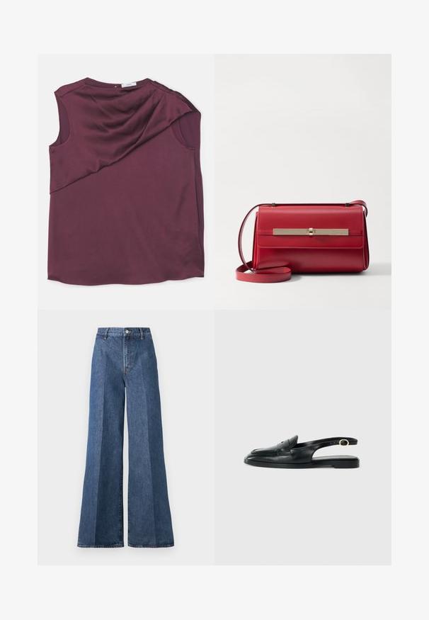 Burgundi bešvarkis viršus, pagamintas iš lygios medžiagos su drapiruotu dizainu, turintis asimetrinį kirpimą ir apvalų iškirpimą.; Plačiai kirptos mėlynos džinsinės kelnės su aukštu liemeniu, su klasikinėmis penkių kišenių detalėmis ir sagos užsegimu, pagamintos iš tekstūruotos medvilnės audinio.; Juodas odinis slingback tipo batas su apvalia nosimi, plokščiu padu, šoniniu išpjovimu ir dirželiu su auksinės spalvos detalėmis.; Stuart Weitzman POSH SHOULDER BAG - Rankinė per petį - cherry