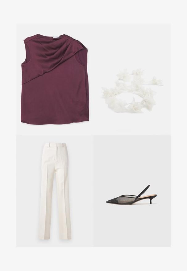 Burgundská bezramínková blůza vyrobená z hladkého materiálu s drapérií, s asymetrickým střihem a zaobleným výstřihem.; Bílé široké kalhoty s hladkou texturou, se sklady vpředu a klasickým pasem, navržené pro elegantní vzhled.; NEOUS IRENA - Klasické lodičky - black; Květinový čelenka vyrobená z bílých okvětních plátků s tenkým, pružným páskem. Okvětní plátky jsou měkké a lehké, což vytváří jemný, vrstvený vzhled.