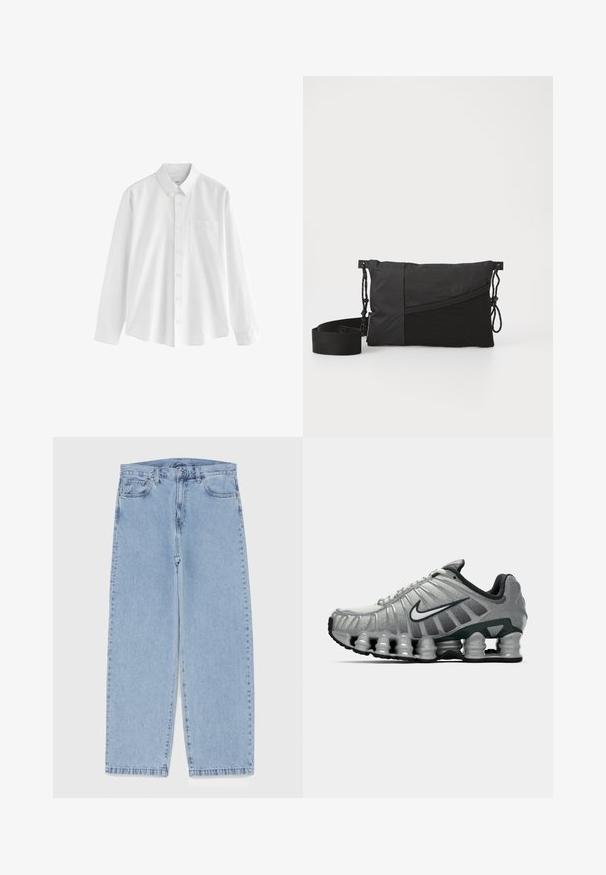 Fehér, hosszú ujjú pamut ing, gombos gallérral, egyetlen mellzsebbel és kényelmes fazonnal. Az elején kicsi gombok találhatók.; Fehér pamut ujjatlan felső kerek nyakkivágással, széles vállpántokkal és egyenes szegéllyel, sima textúrával, látható minták nélkül.; Világoskék farmernadrág egyenes szárú kivitelben, közepes derékkal, öt zsebbel, gombos és cipzáros záródással.; Szürke és fekete Nike futócipő, látható rugós párnázással a talp alatt és fehér swoosh logóval az oldalon.; Fekete válltáska texturált anyagból, átlós mintával, állítható pánttal és oldalsó zsinórzárakkal.