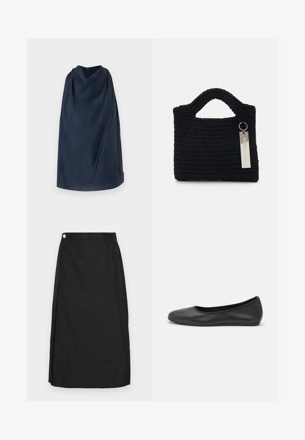 Capa blu navy con un colletto alto e una zip sul retro. Tessuto liscio, design minimalista e un discreto accento con logo sul lato.; Gonna nera al ginocchio realizzata in tessuto morbido, con uno spacco frontale e un dettaglio in bottone metallico in vita.; Pantofole da balletto nere in pelle con punta arrotondata, texture liscia, dettagli di cucitura minimi e design con suola flessibile.; Won Hundred MARSIELLE COMPUTER BAG UNISEX - Borsa porta PC - black