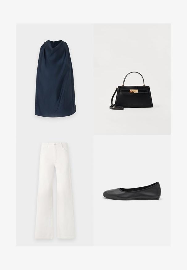 Marineblaue Umhang mit hohem Kragen und einem Reißverschluss auf der Rückseite. Glattes Material, minimalistisches Design und ein dezenter Logoakzent an der Seite.; Weiße, hoch taillierte, weite Jeans aus Denim. Verfügt über einen Knopfverschluss, zwei Fronttaschen und Seitennähte mit Stickdetails.; Schwarze Leder-Ballettschuhe mit abgerundeter Spitze, glatter Textur, minimalen Nähdetails und einem flexiblen Sohlen-Design.; Schwarze Lederhandtasche mit einer strukturierten trapezförmigen Form, goldfarbener Beschläge und kontrastierenden weißen Nähten. Mit einem kurzen Griff und einem langen Tragegurt.
