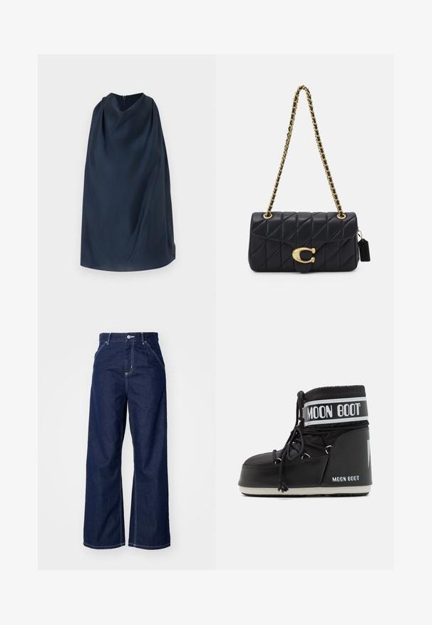 Tmavě modrý plášť s vysokým límcem a zipem na zadní straně. Hladká tkanina, minimalistický design a decentní logo na boku.; Široké džíny v tmavě modrém denimovém provedení s vysokým pasem, kontrastním bílým šitím a tradičním designem pěti kapes.; Černé Moon Boots s polstrovanou svrškem, upevněné tkaničkami a výrazným bílým pruhem s logem. Tlustá, texturovaná gumová podrážka.; Černá prošívaná kabelka se zlatým řetízkovým popruhem, s výraznou zlatou sponou a malou visačkou, která se pyšní texturovaným koženým povrchem.