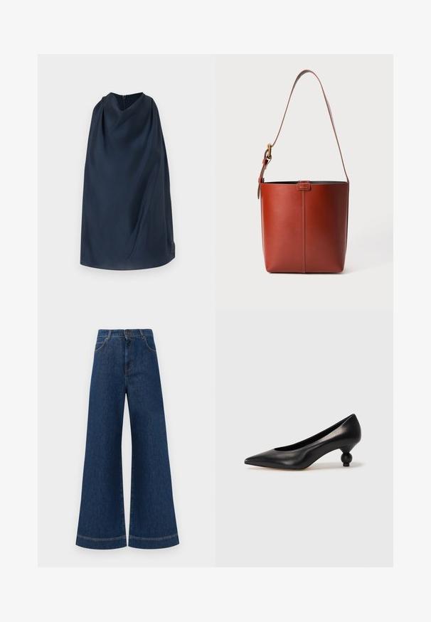 Marineblaue Umhang mit hohem Kragen und einem Reißverschluss auf der Rückseite. Glattes Material, minimalistisches Design und ein dezenter Logoakzent an der Seite.; Weite blaue Jeans aus Denim mit hoher Taille, ausgestattet mit einem Knopfverschluss, Gürtelschlaufen und dezenten Stichdetails an den Taschen und Säumen.; Schwarze Leder-Pumps mit spitzem Zehenbereich und runder, ballförmiger Ferse. Glatte Textur mit einem eleganten, minimalistischen Design.; Braune Leder-Eimer-Tasche mit verstellbarem Schultergurt und goldfarbener Schnalle, einfache vertikale Nahtdetails auf der Vorderseite.