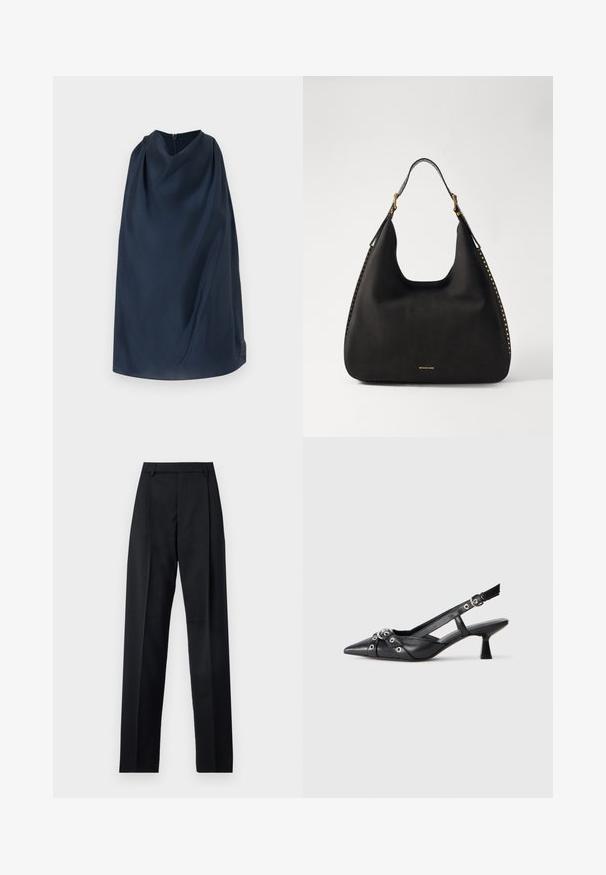 Cloak de marină cu guler înalt și fermoar la spate. Țesătură netedă, design minimalist și un accent subtil cu logo pe lateral.; Pantaloni negri dintr-un material neted, cu talie înaltă, picioare largi, pliuri frontale și loop-uri clasice pentru curea. Fără buzunare laterale vizibile.; Pantofii slingback din piele neagră, cu vârful ascuțit, curele decorative cu ochiuri din metal și toc bloc mic. Suprafață texturată.; MICHAEL Michael Kors NOLITA HOBO  - Geantă de mână - black