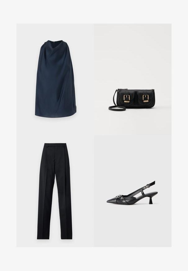Marineblaue Umhang mit hohem Kragen und einem Reißverschluss auf der Rückseite. Glattes Material, minimalistisches Design und ein dezenter Logoakzent an der Seite.; Schwarze Hosen aus glattem Stoff mit hoher Taille, weitem Bein, vorderen Falten und klassischen Gürtelschlaufen. Keine sichtbaren Seitentaschen.; Schwarzer Leder-Slingback-Schuh mit spitz zulaufender Zehenpartie, dekorativen Riemen mit METALLÖSEN und niedrigem Blockabsatz. Strukturelle Oberfläche.; Schwarze Leder-Umhängetasche mit zwei vorderen Taschen, goldenen Schnallen, Reißverschluss und einem schmalen Tragegurt. Texturierte Oberfläche und kompakte rechteckige Form.