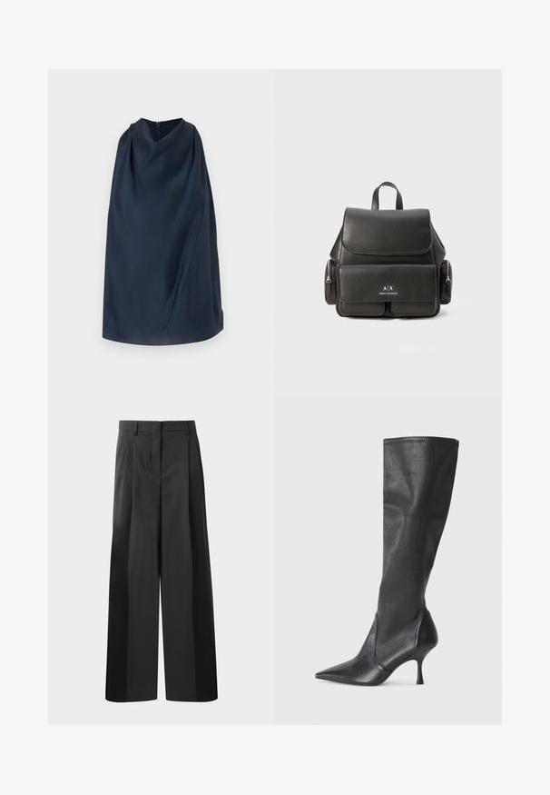 Marineblauwe cape met een hoge hals en een ritssluiting aan de achterkant. Gladde stof, minimalistisch ontwerp en een subtiele logo-accent aan de zijkant.; Zwarte wijde broek met hoge taille, met voorplooien, een gladde textuur en een nette afwerking. Ontworpen voor een ontspannen pasvorm.; Kniehoge zwarte leren laarzen met een spitse neus en een slanke stilettohak. Glad textuur met een aansluitend ontwerp en stiksels aan de bovenrand.; Zwarte leren rugzak met een klepsluiting, voorvak, zijvak met ritssluitingen en een handvat aan de bovenkant. Met logo-details aan de voorkant.