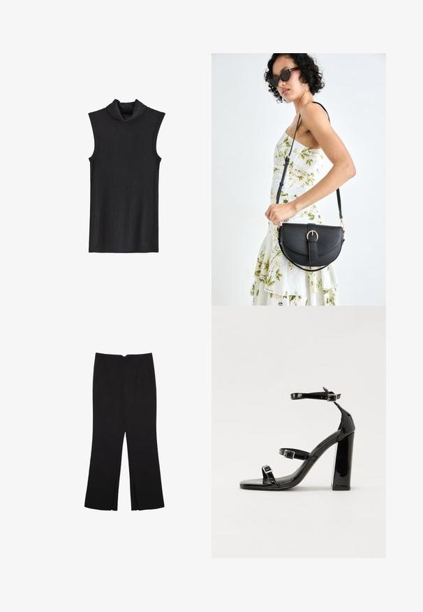 Černý bezrukávový rolák vyrobený z jemně žebrované tkaniny, s přehnutým límečkem a mírně uvolněným střihem.; Černé kalhoty s rovným střihem, s předními kapsami a bočními rozparky na lemu. Vyrobené z jemné, hladké tkaniny. Vhodné na různé příležitosti.; Černé lakované sandály na podpatku se čtveratou špičkou, lýtkovými pásky a stříbrnými přezkami. Disponují masivním blokovým podpatkem pro stabilitu.; Černá kožená kabelka s křivkovým tvarem, odnímatelným popruhem a zlatými detaily. Kabelka má klopu s přezkou.