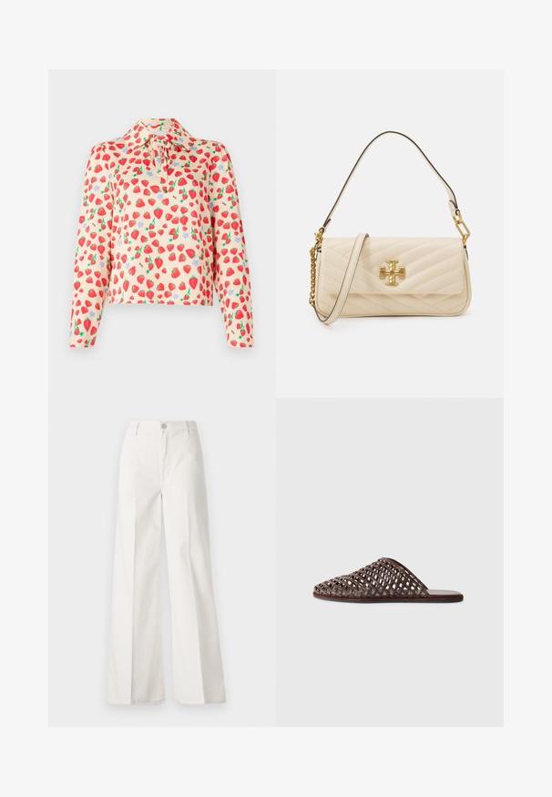Long-sleeve blouse in light peach fabric, featuring a strawberry print with green leaves and blue flowers, buttoned collar, and tie detail.; White wide-leg trousers made from cotton with a smooth texture. Features a front button, zipper fly, and four-pocket design.; Brown woven slide sandal with a rounded toe, open design, flat sole, and textured surface. Lightweight material and minimalist silhouette.; Quilted cream handbag with a gold logo accent, featuring a chain and leather strap. Structured design and smooth texture with diagonal stitching.