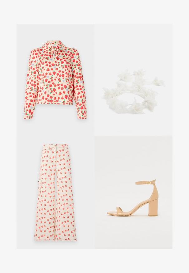 Long-sleeve blouse in light peach fabric, featuring a strawberry print with green leaves and blue flowers, buttoned collar, and tie detail.; Wide-leg pants made from a beige fabric, featuring a strawberry pattern in red and green. Includes side pockets and a frayed hem.; Nude patent leather heeled sandals with a square toe, ankle strap, and a chunky block heel. Smooth texture and minimal design details.; Floral headband made of white petals with a thin, flexible band. Petals are soft and lightweight, creating a delicate, layered appearance.