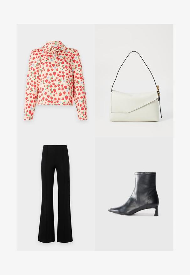 Bluză cu mânecă lungă din material piersică deschisă, cu un imprimeu de căpșuni și frunze verzi, flori albastre, guler cu nasturi și detaliu cu fundă.; Pantaloni negri evazați, cu talie înaltă, fabricați dintr-un material elastic. Prezintă detalii cu cusături verticale în față și o textură netedă.; Cizmă de gleznă din piele neagră cu vârf ascuțit și un design elegant. Dispune de un toc mic și de o închidere cu fermoar la spate. Textură netedă.; Geantă din piele albă cu închidere tip clapă triunghiulară, curea neagră, accente de hardware aurii și un finisaj neted.