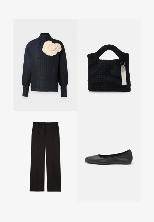 Černý top s dlouhým rukávem a texturovaným povrchem, s krémově zbarvenou, texturovanou růží na levém rameni. Vysoký límec, přiléhavé rukávy.; Černé elegantní kalhoty na míru vyrobené z hladké látky, s rovnými nohavicemi a dvěma postranními kapsami. Elegantní a minimalistická konstrukce.; Černé kožené baletní byty s kulatou špičkou, hladkou texturou, minimálními švy a flexibilním designem podrážky.; Won Hundred MARSIELLE COMPUTER BAG UNISEX - Taška na laptop - black