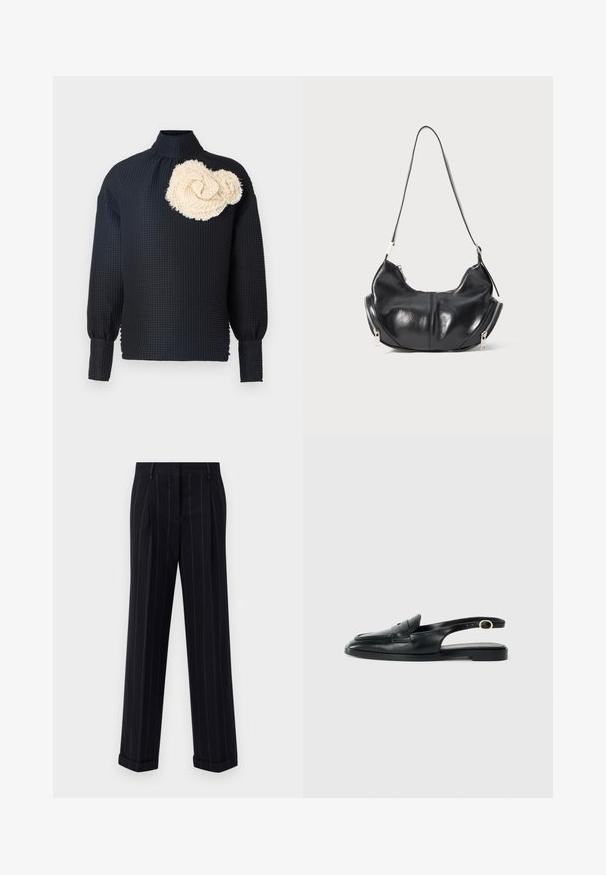 Haut noir à manches longues avec une surface texturée, présentant une rosette texturée de couleur crème sur l'épaule gauche. Col haut, manches ajustées.; Pantalons noirs à rayures fines avec une coupe ajustée, dotés d'un ourlet à revers et de plis avant. Fabriqués en tissu lisse avec un design structuré.; Chaussure slingback en cuir noir avec un bout arrondi, semelle plate, découpes sur les côtés et une sangle ornée d'un détail en métal doré.; Sac à épaule en cuir noir en forme de croissant avec des fermetures éclair argentées de chaque côté et une seule bandoulière.