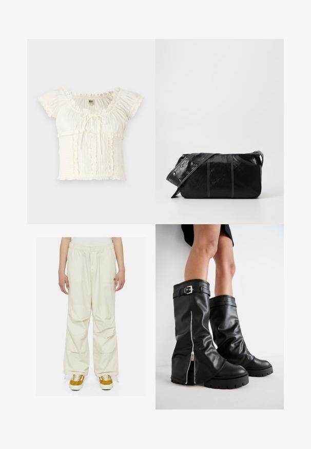 Bela kratka majica s kratkimi rokavi, z nabranimi robovi, smučastim videzom in vrvico za zategovanje spredaj. Lahka tkanina z nežnimi detajli.; Svetlo roza top brez rokavov z sivo obrobo in nastavljivimi spaghetti naramnicami, ki ima velik, centriran sivi logotip "adidas". Material: bombaž.; Kremaste cargo hlače z ohlapenim krojem, elastičnim pasom in več žepi. Obute z rjavimi in belimi teniskami na belem ozadju.; Črne usnjene škornje do kolen s širokim zgornjim delom, ki imajo stransko zadrgo in dekorativno sponko, teksturirano površino ter masiven gumijast podplat.; Črna usnjena torba za ramo z zadrgo, ki ima teksturirano telo, belo šivanje in trak s srebrnimi luknjami.