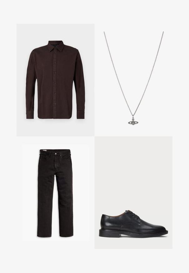 Tumepruun pikakäisteline särk, mis on valmistatud koe kangast. Omab nööbitavat kaelust, esistikku mustade nuppudega ja nööbitavaid mansette.; Must must-hallide t-särk, millel on ümmargune kaelus ja lühikesed varrukad. Esiküljel on tagasihoidlik logo ja sirge alläär. Lihtne ja minimalistlik kujundus.; Mustad sirgedega teksapüksid viie taskuga, nööpidega kinnitamine ja vöökohaga, lamab tasasele valgele taustale.; Must musta kleitjalats ümarate varvastega, paeltega disain ja madal virnastatud konts. Sile tekstuur minimaalsete õmblustega.; Hõbedane kettkaelakee, millel on detailselt kujundatud pendel, mis on planeedi kuju, kaunistatud väikeste aktsentide ja keerukate mustritega.