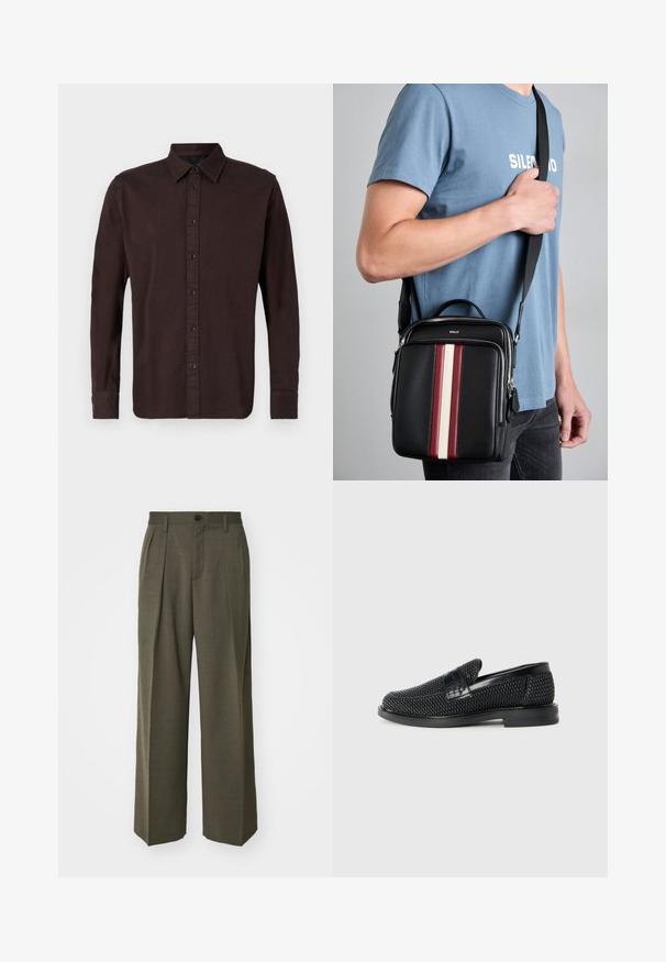 Tumepruun pikakäisteline särk, mis on valmistatud koe kangast. Omab nööbitavat kaelust, esistikku mustade nuppudega ja nööbitavaid mansette.; Filippa K WIDE TROUSERS - Püksid - driftwood; Must musta kootud slip-on king, millel on pehme nahast accent ülaserval, ümmargune varvas ja madal profiiliga kummitald.; Mustast nahkrist crossbody kott punaste, valgete ja beežide vertikaalsete triipudega. Omab ülemist sangast ja reguleeritavat rihma. Nähtav lukuga sulgemine.