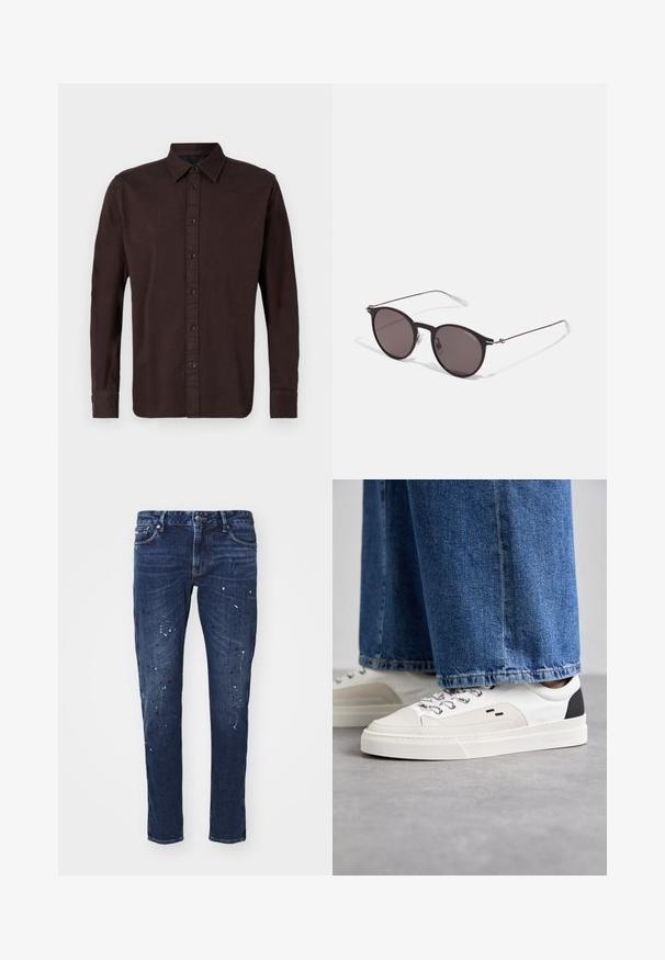 Tumši brūns garām piedurknēm krekls, izgatavots no austas auduma. Tam ir pogājams apkakle, priekšpuses pogas ar melnām pogām un pogājamas aproces.; Tumši zilo denima džinsi ar šauru piegriezumu, kas rotāti ar krāsas traipiem, redzamām šuvēm un standarta piecu kabatu dizainu. Taisnas kājas piegriezums.; Balti un melni apavi ar gludu ādas virsu, teksturētiem akcentiem un masīvu baltu zoli. Iespējojot klasisku šņorējamu dizainu.; Melni apaļi saulesbrilles ar tumšiem lēca un plānām metāla stangām. Iekļautas caurspīdīgas tempļu galviņas un sudraba akcenti pie eņģes. Minimalistisks dizains.