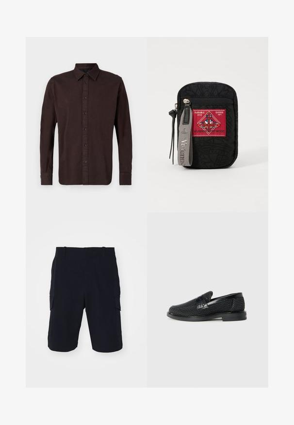 Tmavo hnedá košeľa s dlhým rukávom vyrobená z tkaniny. Má golier s gombíkmi, predný pás s čiernymi gombíkmi a gombíkové manžety.; rag & bone CADE - Šortky - black; Čierne tkané slip-on topánky s hladkým koženým akcentom na vrchnej časti, s okrúlym dizajnom špičky a nízkoprofilovou gumovou podrážkou.; Čierny pouch s textúrovanou látkou, vyznačujúci sa červeným nášivkom s logom, zipsovým uzáverom a sivým remienkom s embosovaným názvom značky.