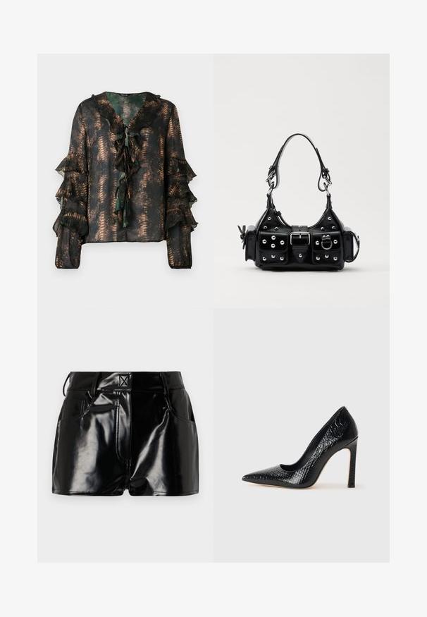 Sheer dark blouse with bronze snake pattern, ruffled V-neckline with ties, and tiered ruffle long sleeves with elastic cuffs.; Black, glossy shorts made of synthetic material. Features a fitted waist, belt loops, and front pockets with prominent stitching details.; Black pointed-toe high heel shoe with a crocodile-skin texture, featuring a sleek design, high stiletto heel, and smooth black interior.; Black leather handbag with a curved design, featuring silver studs, a buckle, and two side pockets. Adjustable strap for carrying options.