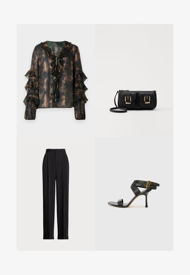 Durchsichtige dunkle Bluse mit bronzenem Schlangenprint, gerafftem V-Ausschnitt mit Bindebändern und langen Ärmeln mit gestuften Rüschen und elastischen Bündchen.; Schwarze, taillierte Hose mit hoher Taille, mit Falten vorne, geradem Bein-Design und umgeschlagenem Saum. Aus glattem Stoff gefertigt.; Schwarze Absatzsandale mit gekreuzten Riemen und verstellbarem Schnallenverschluss. Sie verfügt über eine glatte Textur und einen schmalen Stiletto-Absatz.; Schwarze Leder-Umhängetasche mit zwei vorderen Taschen, goldenen Schnallen, Reißverschluss und einem schmalen Tragegurt. Texturierte Oberfläche und kompakte rechteckige Form.