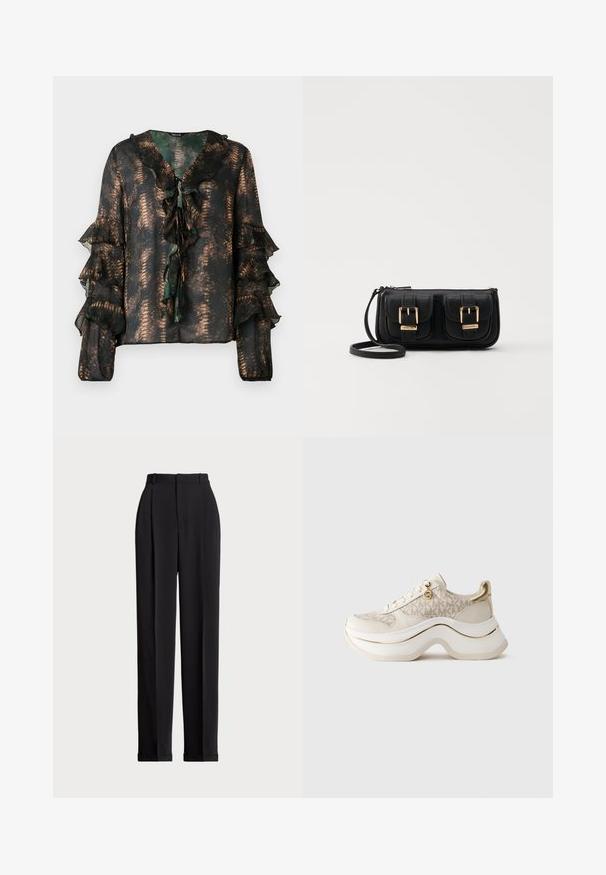 Prosojna temna bluza z bronastim vzorcem kače, nabranim V-izrezom z vezalkami in dolgimi rokavi s tierovanim nabiranjem ter elastičnimi manšetami.; Črne krojene hlače z visokim pasom, z naborki spredaj, ravnim krojem in manšetami na koncu. Narejene iz gladkega materiala.; Bež in zlati platformni športni copat z vzorcem "MK", zvezanjem spredaj, zlatim obeskom in debelim valovitým podplatom na enobarvnem ozadju.; Črna usnjena torbica čez ramo z dvema sprednjima žepoma, zlatimi zaponkami, zadrgo in ozkim pasom. Tekstura površine je strukturirana, obliko pa ima kompaktno pravokotno.