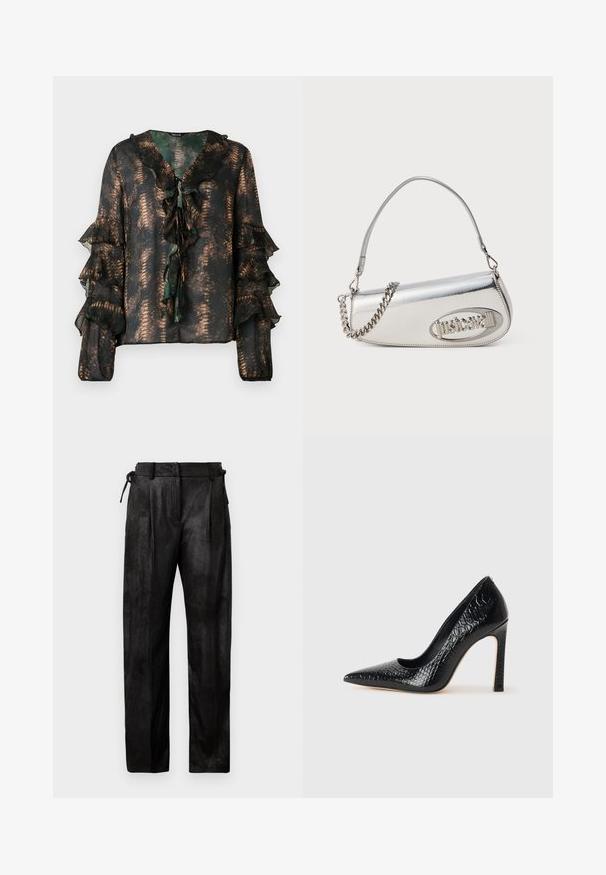 Sheer dark blouse with bronze snake pattern, ruffled V-neckline with ties, and tiered ruffle long sleeves with elastic cuffs.; Black, high-waisted trousers made from a textured material. Features a straight leg, pleats, and adjustable drawstring at the waist.; Black pointed-toe high heel shoe with a crocodile-skin texture, featuring a sleek design, high stiletto heel, and smooth black interior.; Silver metallic handbag with a rounded triangular shape, featuring a logo, chain strap, and smooth texture. Zipper closure on the side.