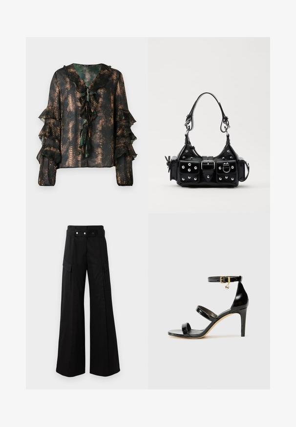 Gennemsigtig mørk bluse med bronzefarvet slange mønster, flæset V-udskæring med bånd og lagdelte flæser på lange ærmer med elastiske manchetter.; Sorte brede bukser med høj talje, som har store sidelommer, to forreste knapper og en løkke-detalje. Lavet af holdbart materiale.; Sorte patenterede lædersandaler med tre stropper, ankelspænde og 10 cm stiletthæl. Har detaljer i guld og et logo charms.; Sort læderhåndtaske med et buet design, prydet med sølvfarvede nitter, en spænde og to sidelommer. Justerbar rem til forskellige bære muligheder.