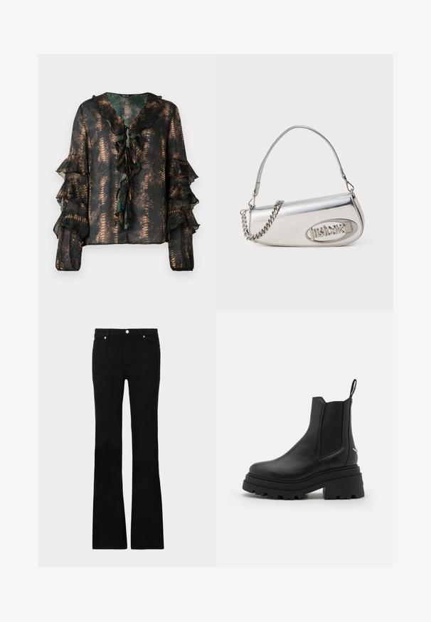 Gennemsigtig mørk bluse med bronzefarvet slange mønster, flæset V-udskæring med bånd og lagdelte flæser på lange ærmer med elastiske manchetter.; Sorte bløde jeans lavet af denim, med to frontlommer, knaplukning og en glat tekstur. Signaturstikninger synlige ved sømmene.; Sorte chelsea støvler lavet af glat læder med elastiske sidepaneler, en tyk, rillede gummisål og en pull-tab bagpå.; Sølv metallic håndtaske med en afrundet trekantet form, der har et logo, kædetræk og glat tekstur. Lynlås lukning på siden.