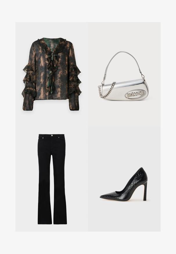 Sheer dark blouse with bronze snake pattern, ruffled V-neckline with ties, and tiered ruffle long sleeves with elastic cuffs.; Black flared jeans made of denim, featuring two front pockets, a button closure, and a smooth texture. Signature stitching visible at seams.; Black pointed-toe high heel shoe with a crocodile-skin texture, featuring a sleek design, high stiletto heel, and smooth black interior.; Silver metallic handbag with a rounded triangular shape, featuring a logo, chain strap, and smooth texture. Zipper closure on the side.