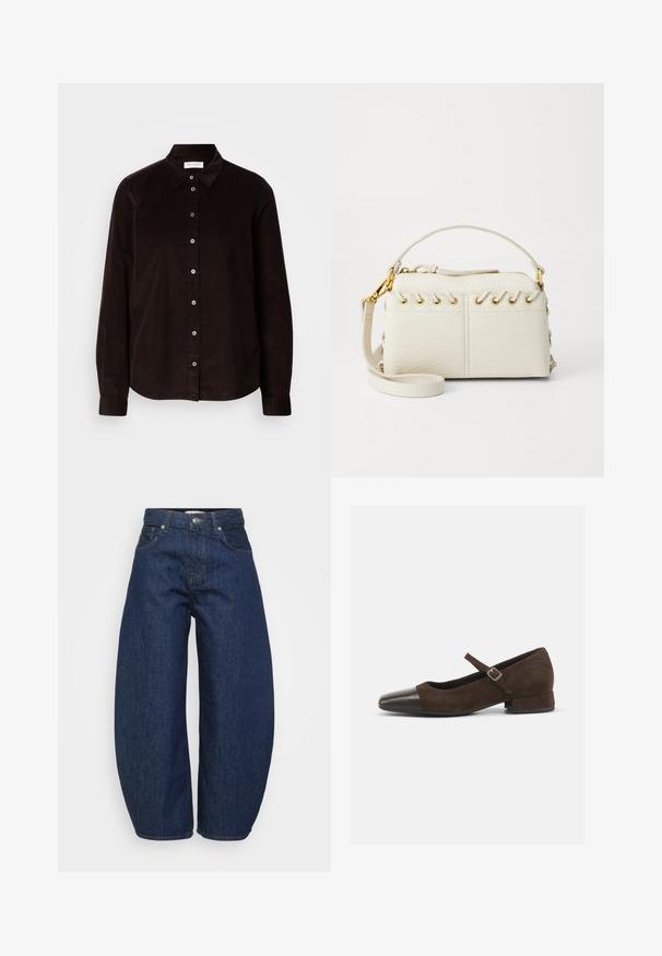 Camicia in corduroy marrone scuro a maniche lunghe con colletto e chiusura frontale con bottoni, esposta piatta su uno sfondo chiaro.; Jeans in denim blu scuro a vita alta con gambe larghe, chiusura frontale con bottone e zip, e design classico a cinque tasche.; Scarpa Mary Jane in suede marrone con punta in vernice nera, cinturino regolabile e tacco basso a blocco. Texture liscia con dettagli minimi.; Borsa a mano in finta pelle bianca con zip superiore, manico corto e tracolla rimovibile con hardware in tono oro. Dettaglio di laccio laterale.; Orecchino a cerchio in argento con finitura lucida, caratterizzato da piccoli dettagli in oro e una forma tondeggiante, indossato sul lobo.