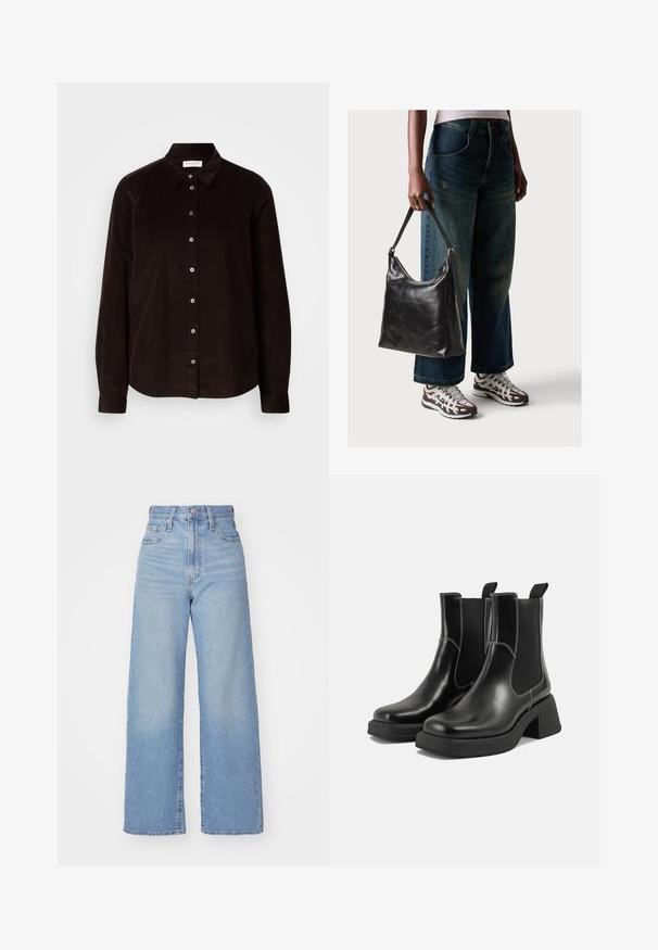 Dunkelbraune Langarm-Cordhemd mit Kragen und Knopfverschluss vorne, flach auf einem hellen Hintergrund präsentiert.; Hellblaue High-Waist-Weite-Leg-Jeans mit Knopf- und Reißverschluss vorne, Vorder- und Rückentaschen, auf weißem Hintergrund.; Schwarze Leder Chelsea-Stiefel mit einem klobigen Absatz, elastischen seitlichen Einsätzen und kontrastierendem weißen Nähten. Strukturierte Oberfläche.; Schwarze Leder-Schultertasche mit glatter Textur und verstellbarem Riemen, kombiniert mit ausgewaschenen weit geschnittenen Jeans und sportlichen Sneakern.
