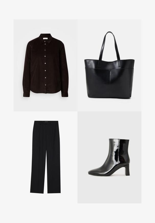 Ciemnobrązowa koszula z długim rękawem z korduroju z kołnierzykiem i zapięciem na guziki z przodu, wyeksponowana na jasnym tle.; Czarne spodnie o prostym kroju nogawek, z dwoma przednimi kieszeniami i paskiem w talii. Wykonane z gładkiego, lekkiego materiału.; Czarne lakierowane botki za kostkę z wysmukłym noskiem i średniej wysokości obcasem w kształcie słupka. Gładka tekstura i minimalistyczny design.; Czarna skórzana torba na ramię z dwoma długimi uchwytami, gładką teksturą i sztywną formą. Posiada przednią kieszeń dla dodatkowego przechowywania.