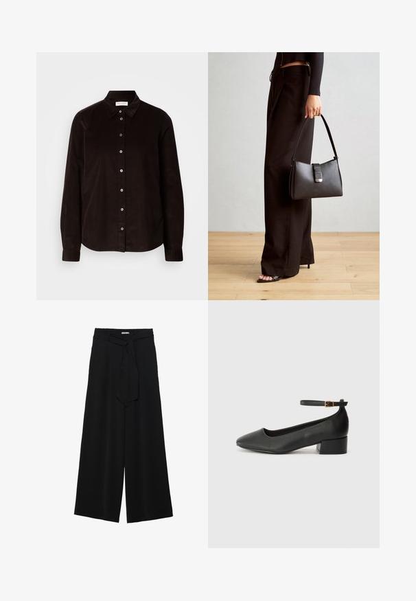 Camicia in corduroy marrone scuro a maniche lunghe con colletto e chiusura frontale con bottoni, esposta piatta su uno sfondo chiaro.; Pantaloni neri a gamba larga caratterizzati da un tessuto testurizzato, una vita elastica e una cintura staccabile per una vestibilità regolabile.; Pump in pelle nera con punta affusolata e tacco basso a blocco. Presenta una cinghia alla caviglia con una fibbia in tonalità oro. Texture liscia.; Borsa nera con forma strutturata, texture liscia e una chiusura metallica. Abbinata a pantaloni neri larghi e sandali open-toe su un pavimento in legno.