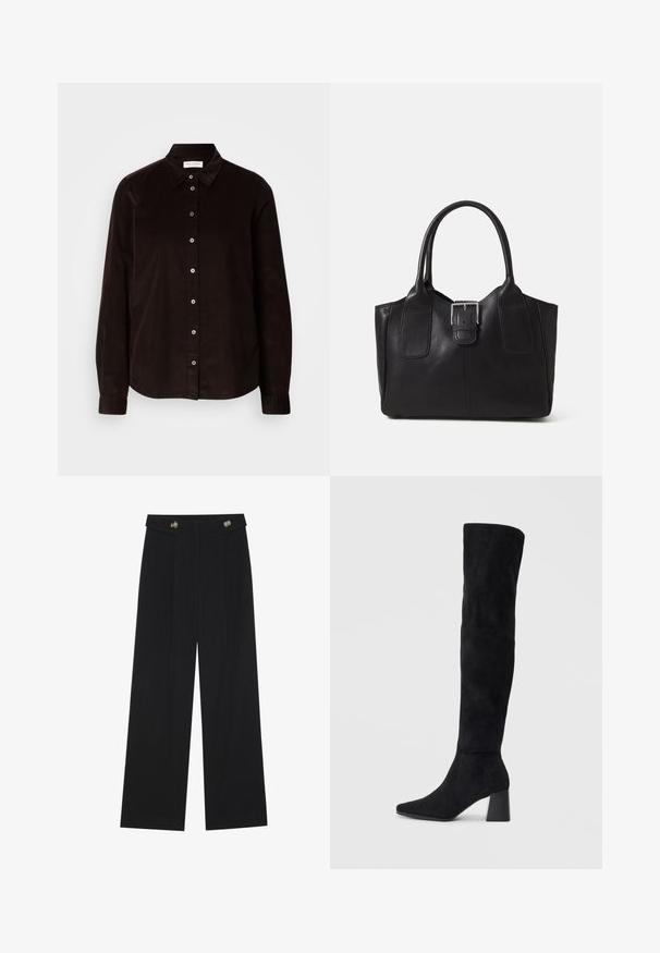 Tummanruskea pitkähihaista korduroy-paitaa, jossa on kaulus ja edessä nappisulku, esitetty litteänä vaaleataustalla.; Mustat leveälahkeiset housut, joissa on korkea vyötärö, napit vyötärönauhassa ja etupuolella laskokset.; Musta samettinen polvipitkä saapas, jossa on lohkarekorko, terävä nilkka ja sileä, saumatonta muotoilua tasaisella vaalealla taustalla.; Musta nahkainen olkalaukku, jossa on sileä pinta, ryhdikäs muoto, kaksi kahvaa ja silmienpistävä hopeinen solkiyksityiskohta edessä.