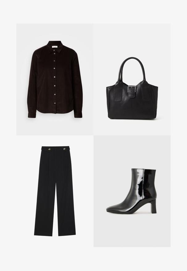 Tamsiai ruda ilgomis rankovėmis velveto marškiniai su apykakle ir priekiniais mygtukais, išdėstyti plokščiai prieš šviesią foną.; Juodi plačios kojos kelnės su aukštu liemeniu, sagų detalėmis ant liemens ir priekinėmis raukšlėmis.; Juodos lakuotos odinės aulinukės su smailiu pirštu ir vidutinio aukščio blokuotu kulnu. Lygus paviršius ir minimalistinis dizainas.; Juodas odinis nešiojamas krepšys su lygiu paviršiumi, struktūrine forma, dviem rankenėlėmis ir ryškiu sidabriniu sagties akcentu priekyje.