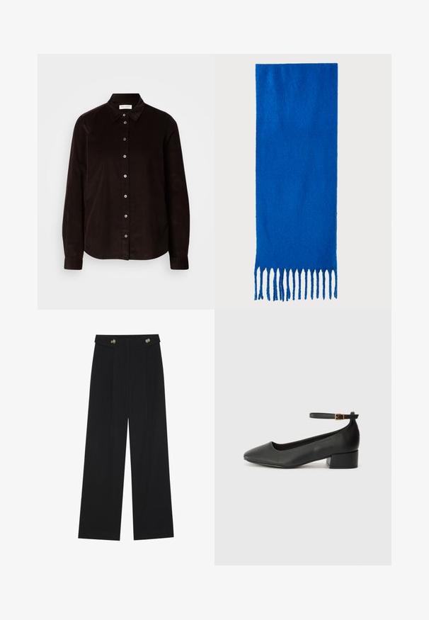 Dunkelbraune Langarm-Cordhemd mit Kragen und Knopfverschluss vorne, flach auf einem hellen Hintergrund präsentiert.; Schwarze weite Hosen mit hoher Taille, Knopfdetails am Bund und vorderen Falten.; Schwarze Lederpumps mit spitzem Zehenbereich und niedrigem Blockabsatz. Mit einem Knöchelriemen und einer goldfarbenen Schnalle. Glatte Textur.; Blauer gefranster Schal aus weichem Stoff; hat eine einfarbige Oberfläche mit strukturierter Textur und gleichmäßig geschnittenem Fransen am unteren Ende.; Schwarze Leder-Shopper-Tasche mit zwei langen Griffen, einer glatten Textur und einer strukturierten Form. Verfügt über eine Vordertasche für zusätzlichen Stauraum.