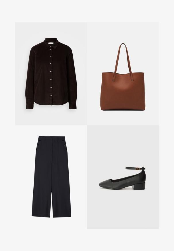 Cămașă din bumbac de culoare maro închis, cu mânecă lungă, guler și închidere cu nasturi pe față, expusă plat pe un fundal deschis.; Pantaloni evazați din material bleumarin închis, cu o textură netedă, pliseuri frontale și ochiuri decorative aurii pe buzunarele laterale.; Pantof cu toc negru din piele, cu vârf ascuțit și toc mic pătrat. Dispune de o curea la gleznă cu o cataramă în tonuri de aur. Textură netedă.; Geantă de umăr din piele maro cu o textură netedă, design cu vârf deschis și două curele pentru umăr. Prezintă cusături minime și fără componente metalice vizibile.