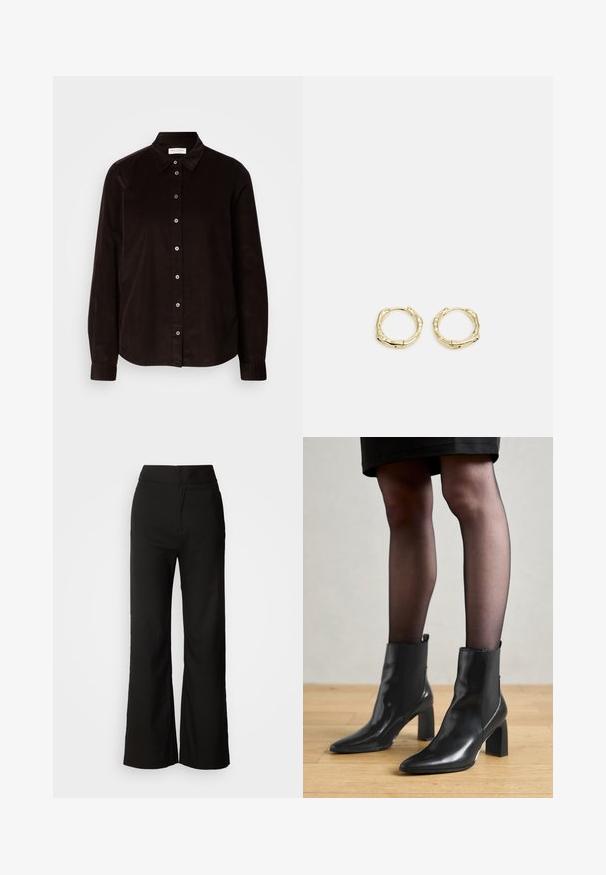 Camisa de corduroy de manga larga color marrón oscuro, con cuello y cierre frontal de botones, exhibida plana sobre un fondo claro.; Pantalones de pierna ancha negros con una textura suave, cintura alta y un diseño limpio. Sin bolsillos visibles ni adornos.; Botines de cuero negro hasta el tobillo con punta afilada, tacón cuadrado grueso y diseño elegante. Presentan paneles laterales elásticos para facilitar el uso.; Pendientes de aro de oro con forma irregular y texturizada. Presentan un cierre sin costuras y un acabado pulido, destacando un diseño moderno.