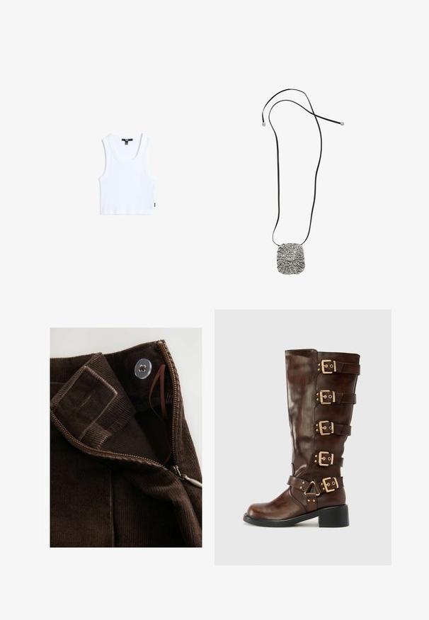 Hvid bomulds tanktop med ribbet tekstur, rund halsudskæring og brede skulderstropper. Har et lille mærketag på kanten.; Brun corduroy stof med en glat tekstur, har en lynlås, knaplukning og et indvendigt bånd til sikker fastgørelse.; RAID GELINA - Cowboy- / bikerstøvler - brown; Pendantsmykke med en tekstureret, metallisk sølv firkantet vedhæng på en sort snor. Bemærkelsesværdige detaljer inkluderer indviklede mønstre og en glat overflade.