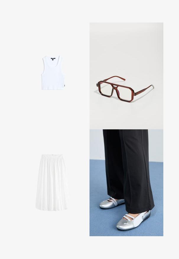 Hvid bomulds tanktop med ribbet tekstur, rund halsudskæring og brede skulderstropper. Har et lille mærketag på kanten.; Hvid, knælang nederdel lavet af letvægtsstof. Har en elastisk talje for justerbar pasform og blødt fald.; Sølv- og hvide flade sko med krydsede stropper og tekstureret detaljering, suppleret med løse sorte bukser. Sat mod en blå gulv.; Brune gennemsigtige oversized briller med rektangulære linser og slanke stænger. Skrå, let afrundede hjørner og synlige hardware-detaljer.