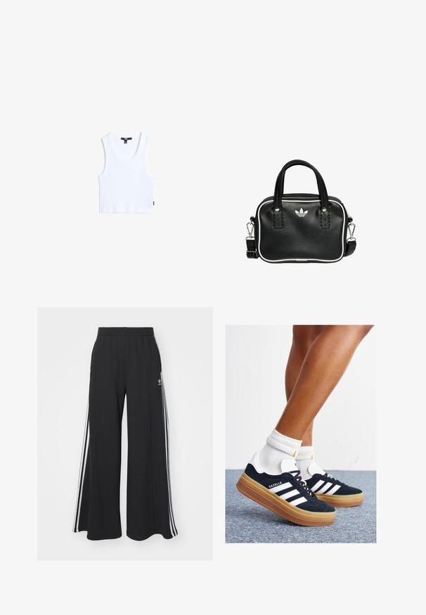 Hvid bomulds tanktop med ribbet tekstur, rund halsudskæring og brede skulderstropper. Har et lille mærketag på kanten.; Sorte brede sweatpants med elastisk talje, med hvide sidelommer og et broderet logo på venstre lår.; Sorte sneakers i ruskind med hvide striber og detaljer, rundet tå, ydersål i gummi, kombineret med hvide ribstrikkede crew sokker.; Sort læderhandtaske med to korte håndtag, sølvhardware, hvide accenter og et hvidt logo. Har en struktureret overflade og et kompakt design.